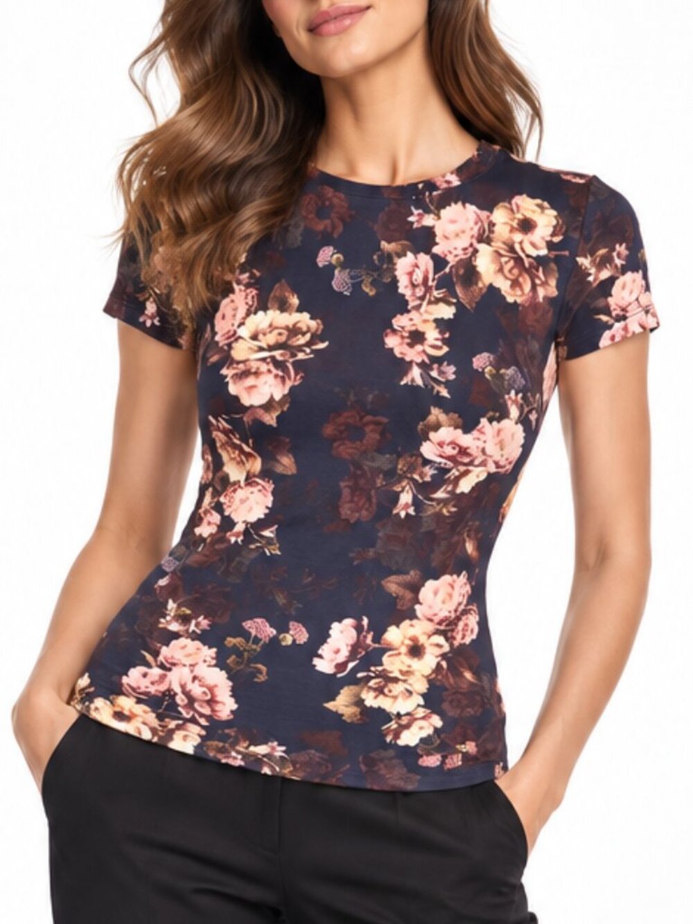 L'AGENCE Ressi Midnight Moschata Rose Print Short Sleeve Tee  Size: Small (S)